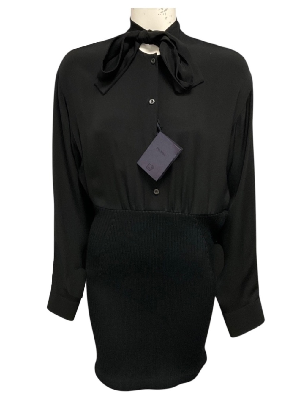 PRADA BLACK LONG SLEEVED SILK CADY AND WOOL KNIT MINI DRESS